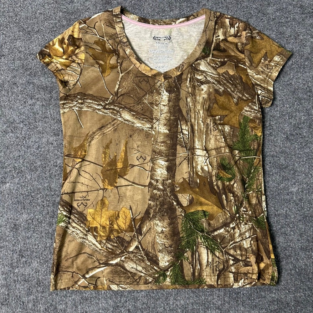 Realtree T-Shirt Womens Large Brown Camo V-Neck Short Sleeve Polyester Outdoor